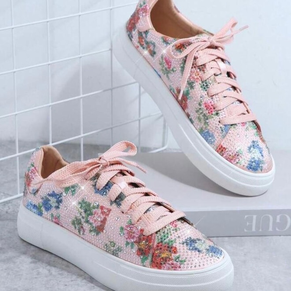 Dolce 66 Women’s Rhinestone Low-Top Lace Up Sneakers Pink Multicolor All Sizes - Picture 2 of 7